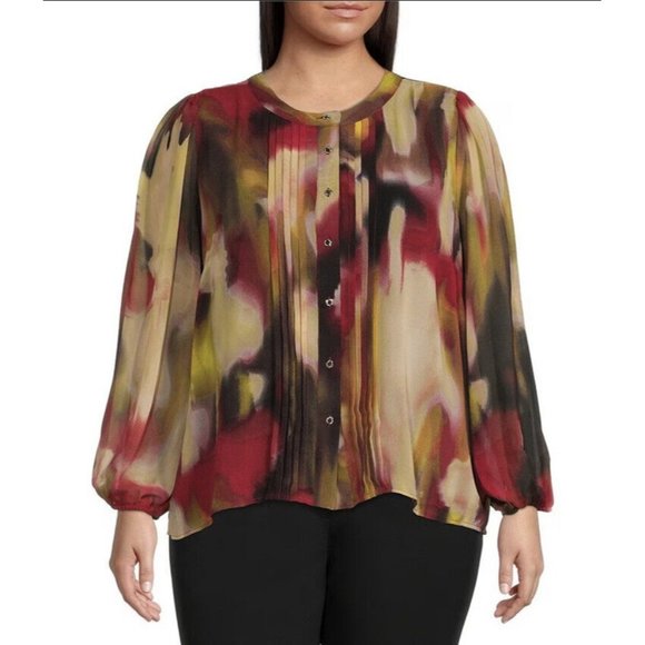 Calvin Klein Chiffon Pleat Front Raglan Sleeve Button Front Top Abstract Print L - Picture 1 of 5